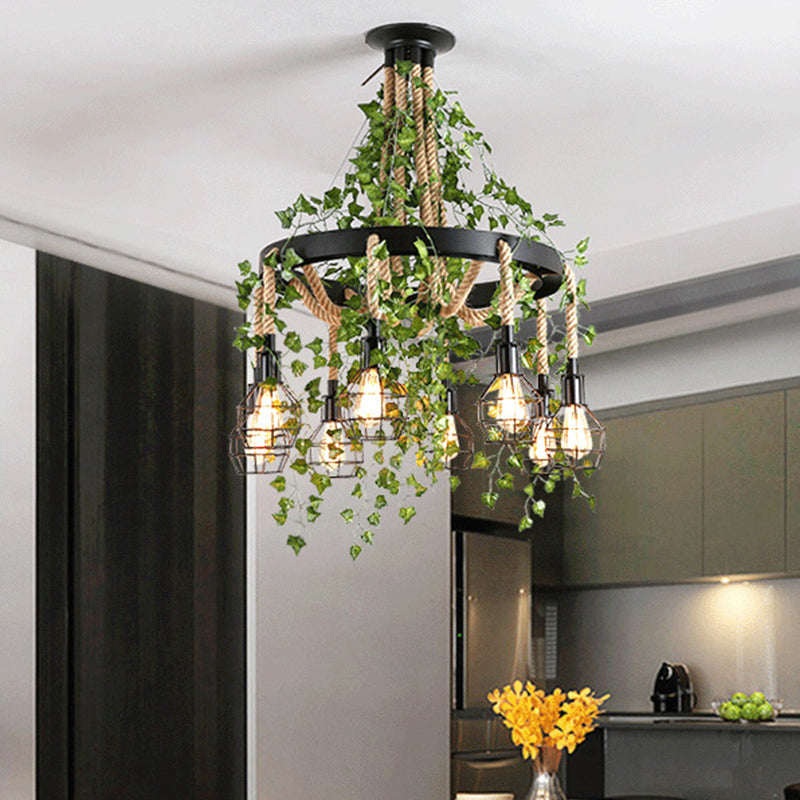 Hemp Rope Cluster Pendant With Led Down Lighting And Plant Accent Black