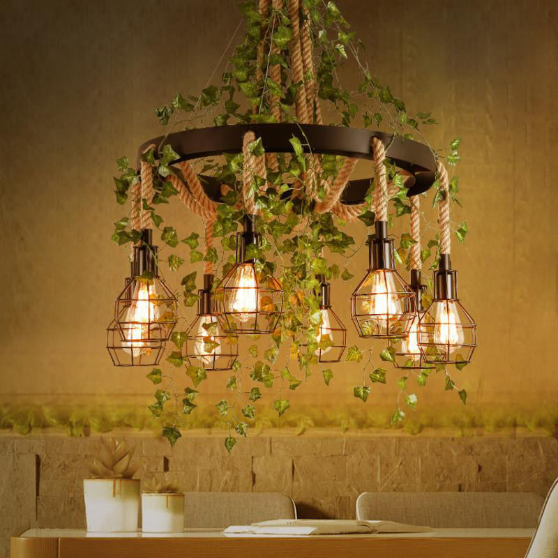 8-Head Hemp Rope Cluster Pendant with LED Down Lighting for Industrial and Restaurant Use