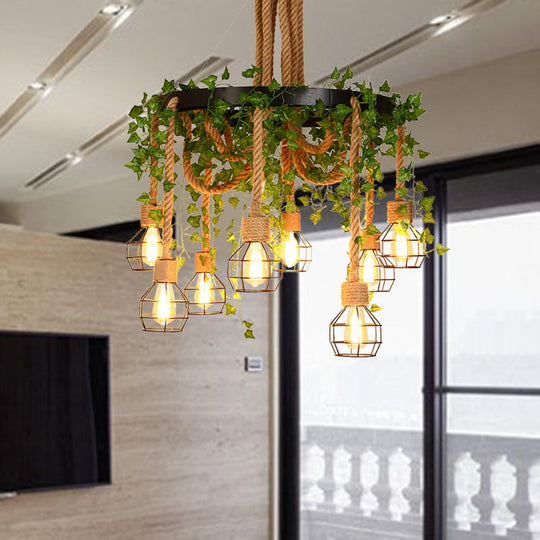 Industrial Hemp Rope Restaurant Cluster Pendant with 8 Exposed Bulb Pink/Green LED Drop Lamp and Flower/Plant