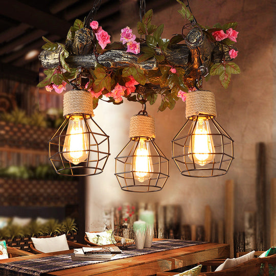 Industrial Bulb Ceiling Chandelier: 3 Metal LED Hanging Lights in Red/Pink/Green with Flower/Plant/Maple Leaf Design