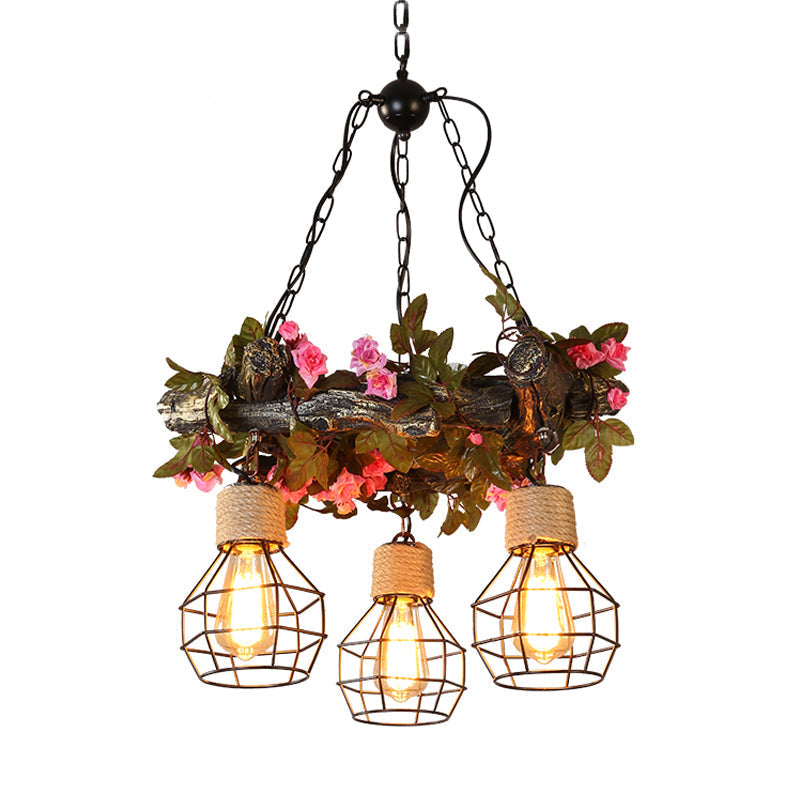 Industrial Bulb Ceiling Chandelier: 3 Metal LED Hanging Lights in Red/Pink/Green with Flower/Plant/Maple Leaf Design