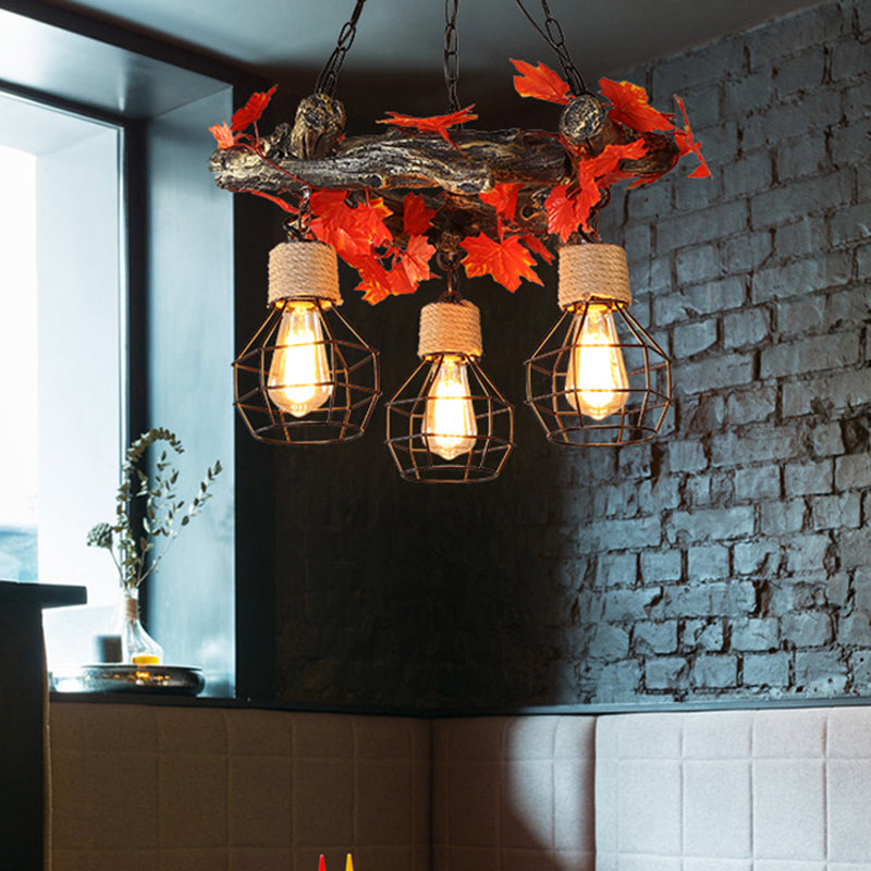 Industrial Bulb Ceiling Chandelier: 3 Metal LED Hanging Lights in Red/Pink/Green with Flower/Plant/Maple Leaf Design