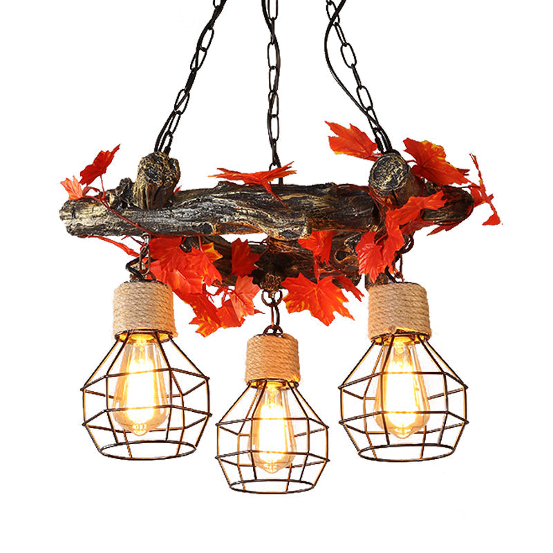 Industrial Bulb Ceiling Chandelier: 3 Metal LED Hanging Lights in Red/Pink/Green with Flower/Plant/Maple Leaf Design