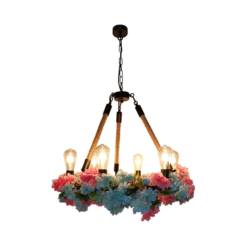 Industrial Metal LED Chandelier with 6 Bulbs, Black Finish and Cherry Blossom Detail