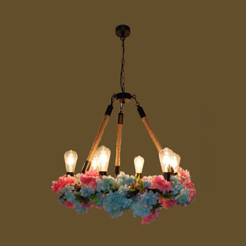 Industrial Metal LED Chandelier with 6 Bulbs, Black Finish and Cherry Blossom Detail