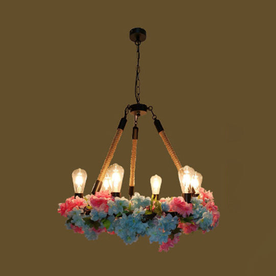 Industrial Metal LED Chandelier with 6 Bulbs, Black Finish and Cherry Blossom Detail