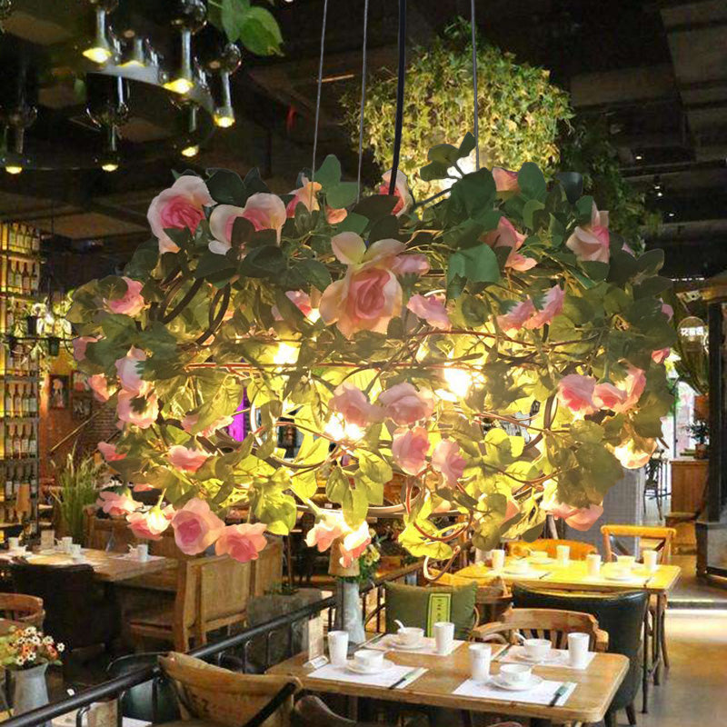 Industrial Green Metal Chandelier With 3 Led Lights For Restaurants - Flower-Inspired Ceiling Lamp