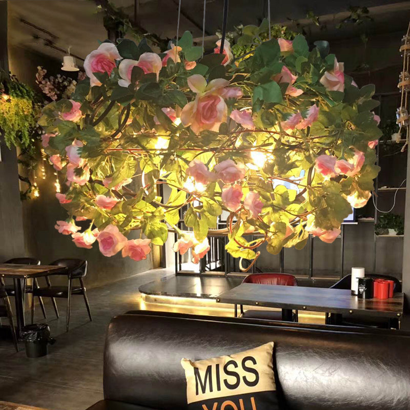 Industrial Green Metal Chandelier With 3 Led Lights For Restaurants - Flower-Inspired Ceiling Lamp