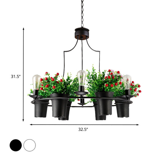 Industrial Black/White Metal LED Plant Pendant Light - 6 Lights, 1/2 Tiers. Perfect for Restaurants.