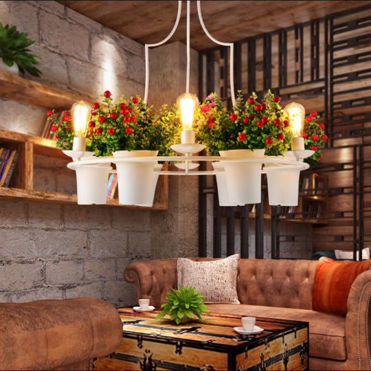 Industrial Black/White Metal LED Plant Pendant Light - 6 Lights, 1/2 Tiers. Perfect for Restaurants.