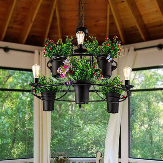 Industrial Black/White Metal LED Plant Pendant Light - 6 Lights, 1/2 Tiers. Perfect for Restaurants.