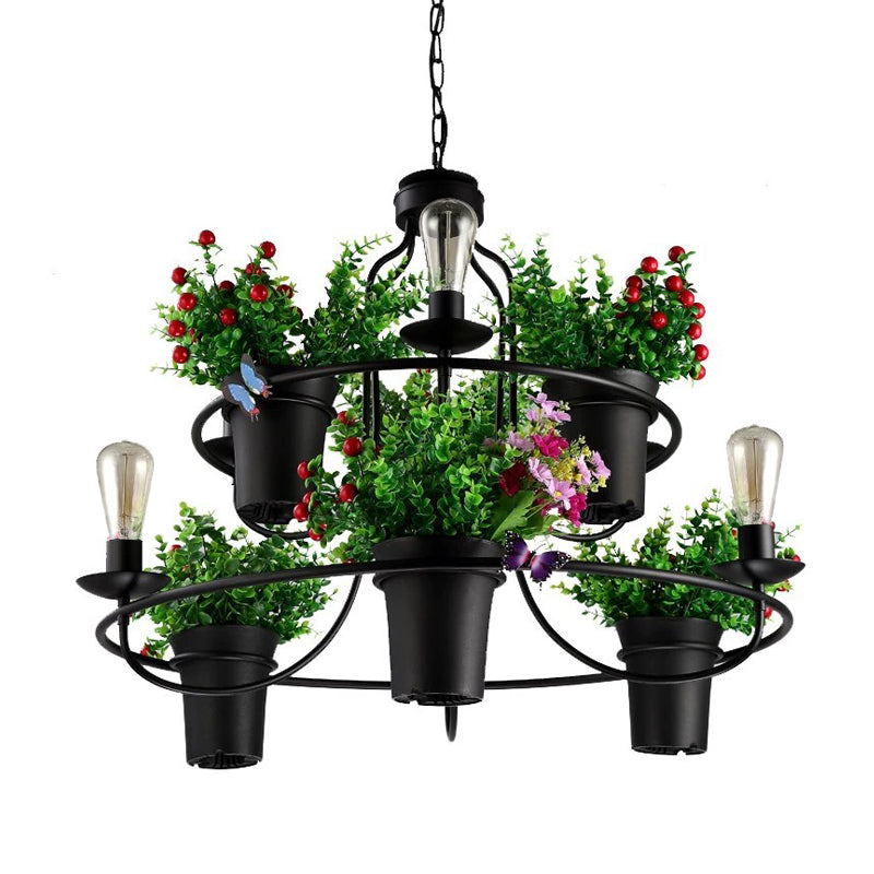 Industrial Black/White Metal LED Plant Pendant Light - 6 Lights, 1/2 Tiers. Perfect for Restaurants.