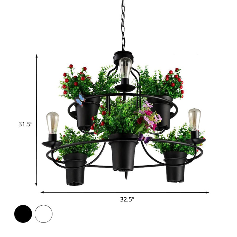 Industrial Black/White Metal LED Plant Pendant Light - 6 Lights, 1/2 Tiers. Perfect for Restaurants.