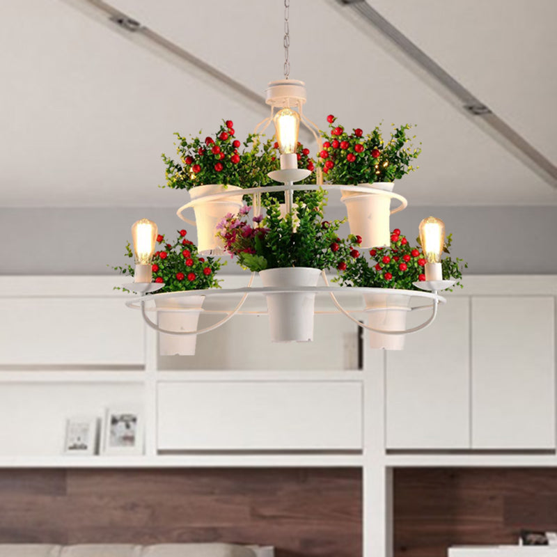 Industrial Black/White Metal LED Plant Pendant Light - 6 Lights, 1/2 Tiers. Perfect for Restaurants.