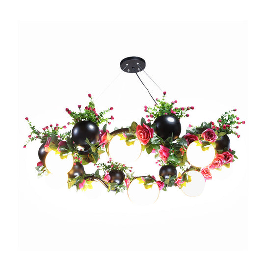 Industrial Metal Sphere Ceiling Lamp with Flower Decoration - 8 Bulbs, Black. Perfect for Living Room