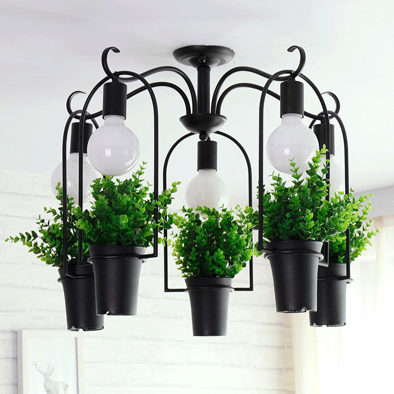 Industrial Black Metal Potted Plant LED Semi Flush Mount Ceiling Light with 5 Heads for Restaurants