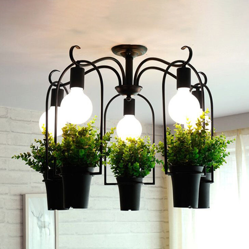 Industrial Black Metal Potted Plant LED Semi Flush Mount Ceiling Light with 5 Heads for Restaurants