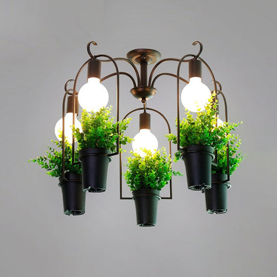 Industrial Black Metal Potted Plant LED Semi Flush Mount Ceiling Light with 5 Heads for Restaurants