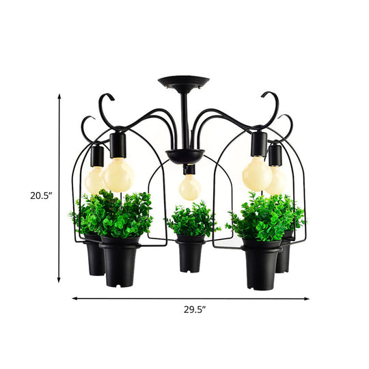 Industrial Black Metal Potted Plant LED Semi Flush Mount Ceiling Light with 5 Heads for Restaurants