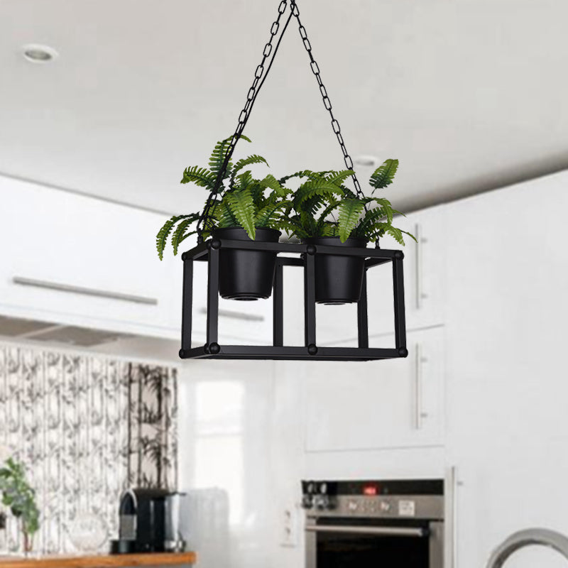 Black Metal Industrial Rectangle Island Light Fixture - 2/3/5 Bulbs Led Lamp With Plant Decor 2 /