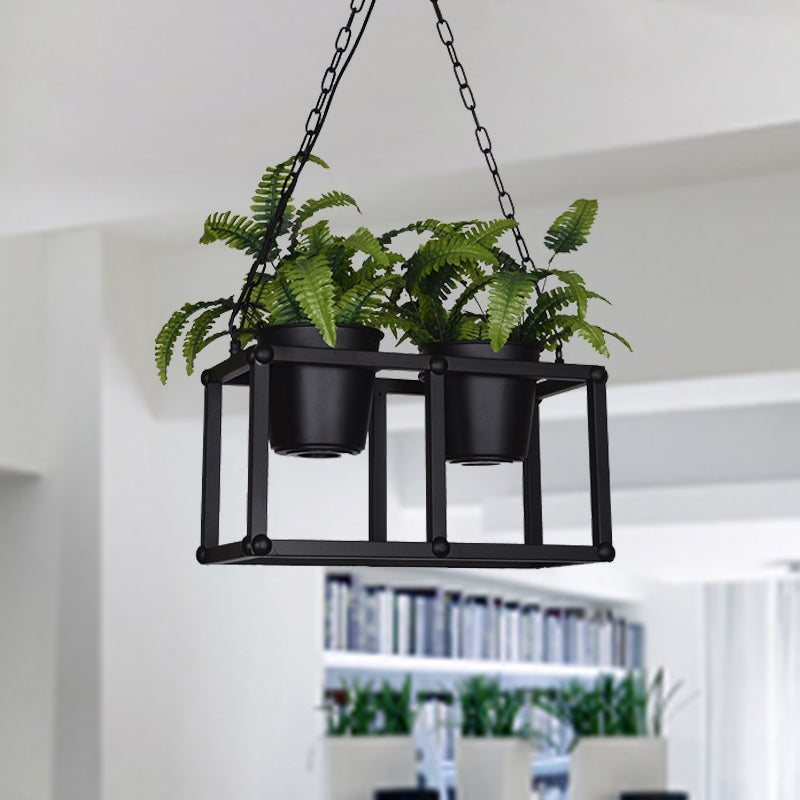 Black Metal Industrial Rectangle Island Light Fixture - 2/3/5 Bulbs Led Lamp With Plant Decor