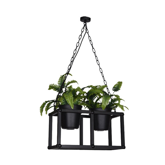 Black Metal Industrial Rectangle Island Light Fixture - 2/3/5 Bulbs Led Lamp With Plant Decor