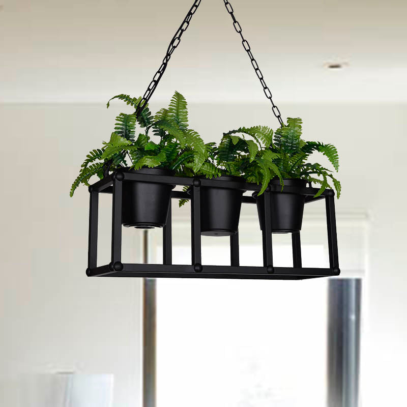 Black Metal Industrial Rectangle Island Light Fixture - 2/3/5 Bulbs Led Lamp With Plant Decor 3 /