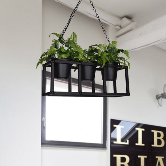 Black Metal Industrial Rectangle Island Light Fixture - 2/3/5 Bulbs Led Lamp With Plant Decor