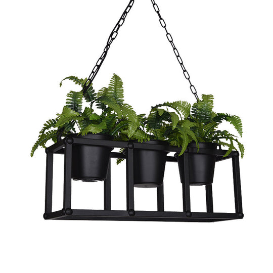 Black Metal Industrial Rectangle Island Light Fixture - 2/3/5 Bulbs Led Lamp With Plant Decor