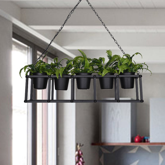 Black Metal Industrial Rectangle Island Light Fixture - 2/3/5 Bulbs Led Lamp With Plant Decor 5 /