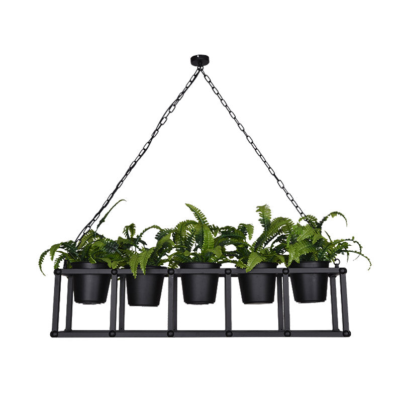 Black Metal Industrial Rectangle Island Light Fixture - 2/3/5 Bulbs Led Lamp With Plant Decor