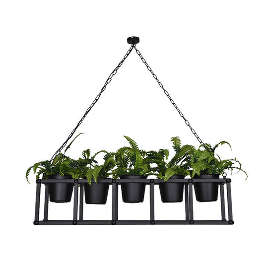 Black Metal Industrial Rectangle Island Light Fixture - 2/3/5 Bulbs Led Lamp With Plant Decor