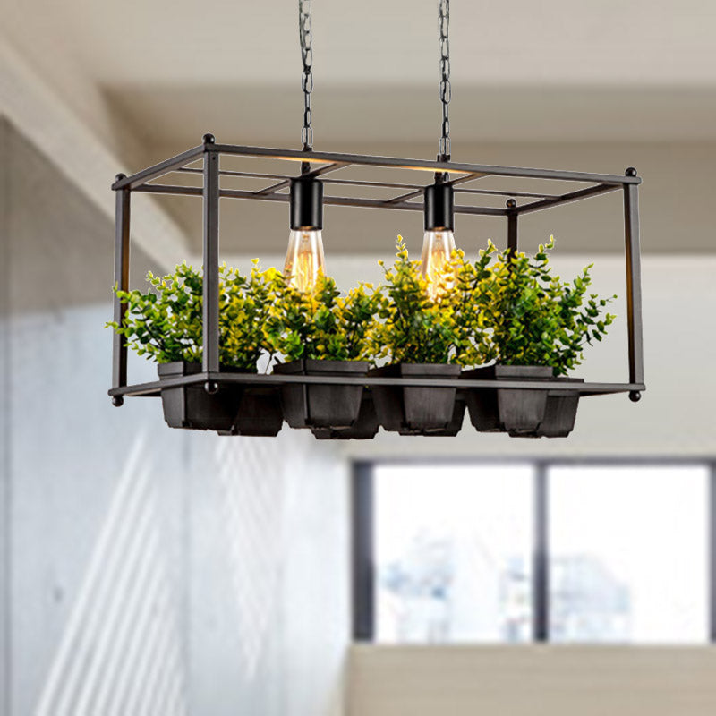 Industrial Metal Rectangular Led Plant Hanging Ceiling Light For Restaurants - Black 2 Heads Island