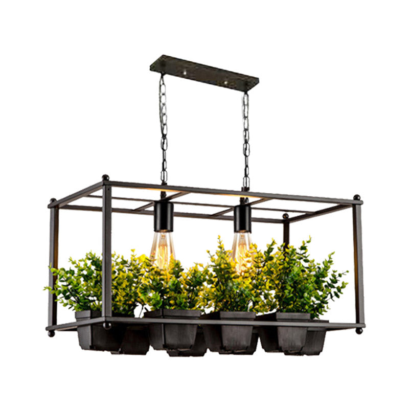 Industrial Metal Rectangular Led Plant Hanging Ceiling Light For Restaurants - Black 2 Heads Island