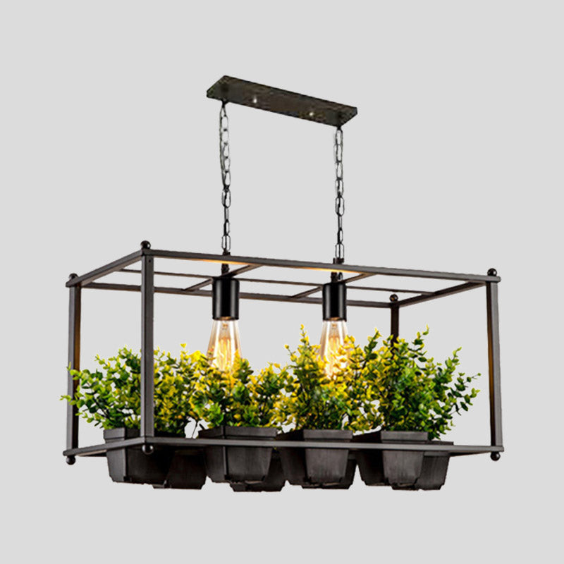 Industrial Metal Rectangular Led Plant Hanging Ceiling Light For Restaurants - Black 2 Heads Island