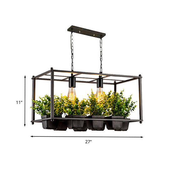 Industrial Metal Rectangular Led Plant Hanging Ceiling Light For Restaurants - Black 2 Heads Island