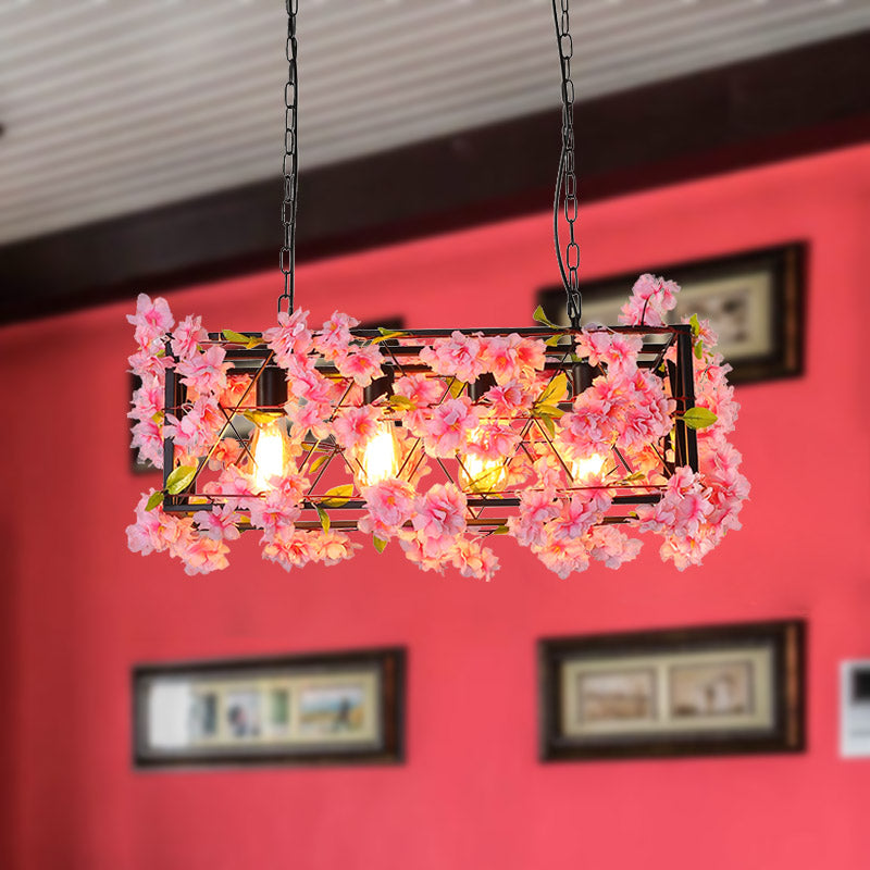 Industrial Metal Led Hanging Lamp In Pink/Brown With Flower Decoration - 4-Light Rectangle Island