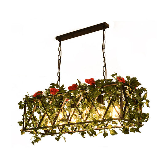 Rectangular Island Led Metal Ceiling Light For Restaurant - 6-Headed Industrial Style With Red/Green