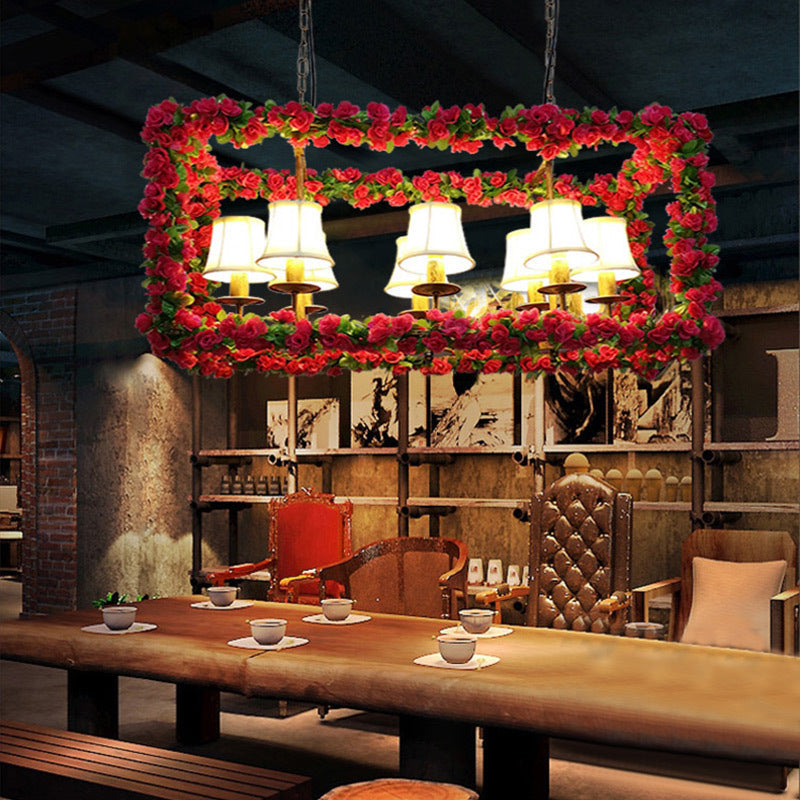 Red Metal Flower Pendant Light For Restaurant - Industrial Rectangular Island With 8 Heads