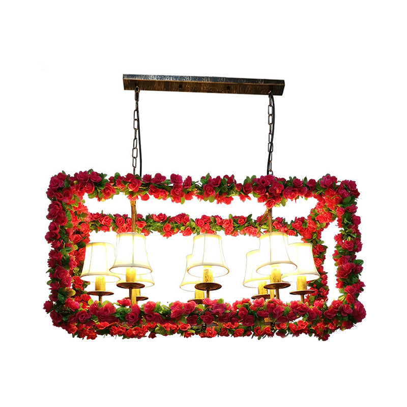 Red Metal Flower Pendant Light For Restaurant - Industrial Rectangular Island With 8 Heads