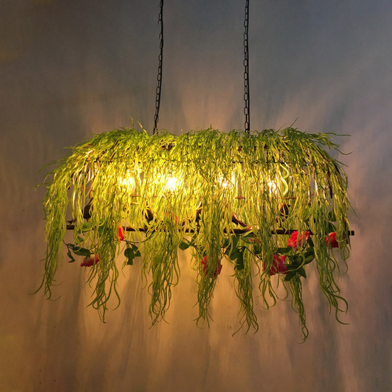 Black Retro Metal Bird Cage Island Ceiling Light With Plant - Ideal For Restaurants 4 Lights