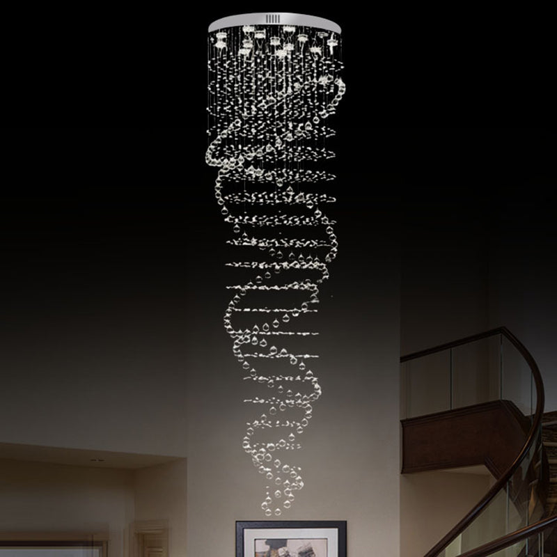 Contemporary 13-Light Stair Led Pendant Light In Silver With Clear Crystal Cascades