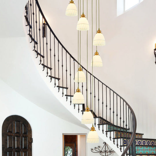 Modern 8-Head Pendant Lighting For Stairs - Multi Ceiling Light With White Glass Shade / Dome