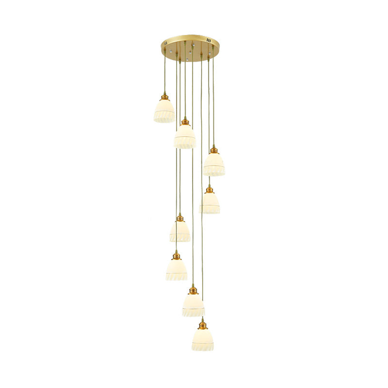 Modern 8-Head Pendant Lighting For Stairs - Multi Ceiling Light With White Glass Shade