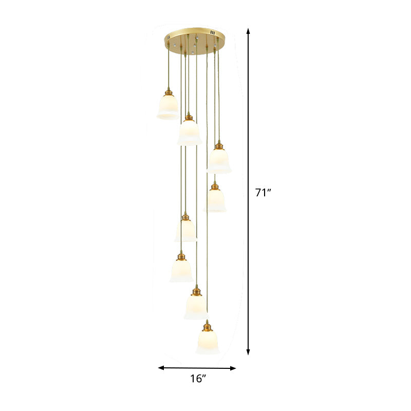 Modern 8-Head Pendant Lighting For Stairs - Multi Ceiling Light With White Glass Shade