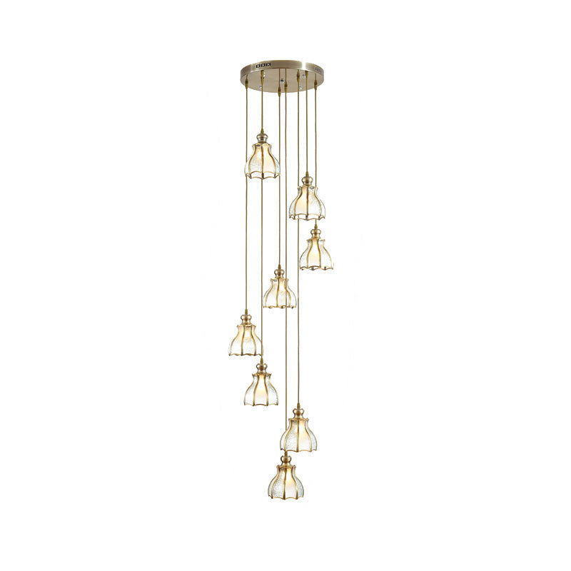 Gold Colonial Spiral Ceiling Light With Frosted Glass Shade - 8 Bulbs Pendant Lamp In Metal Cluster