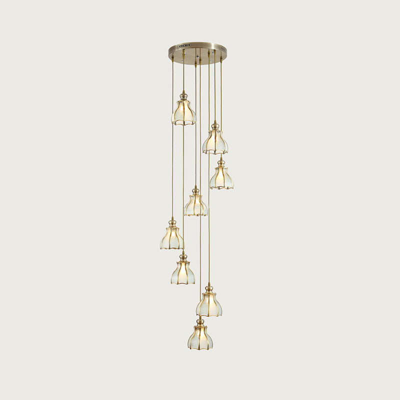 Gold Colonial Spiral Ceiling Light With Frosted Glass Shade - 8 Bulbs Pendant Lamp In Metal Cluster