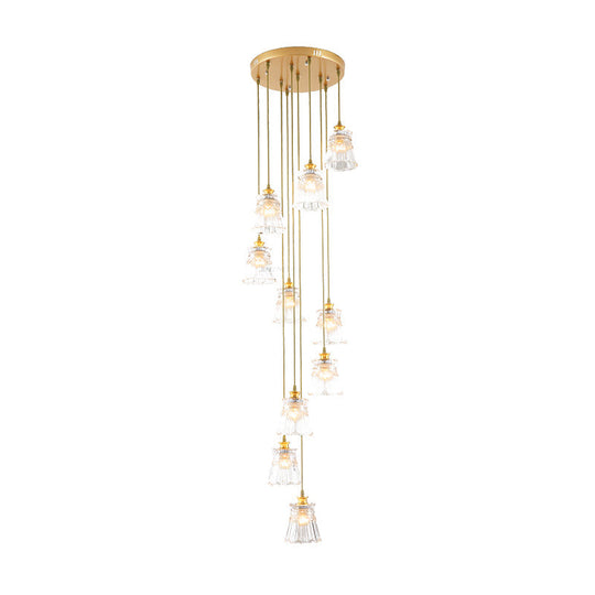 Modern Gold Spiral Stair Suspension Lamp With 10 Crystal Bulbs