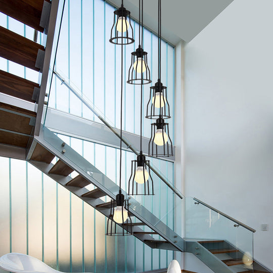 Industrial 6-Head Stair Suspended Pendant Lamp - Iron Wire Cage Multi Ceiling Light in Black