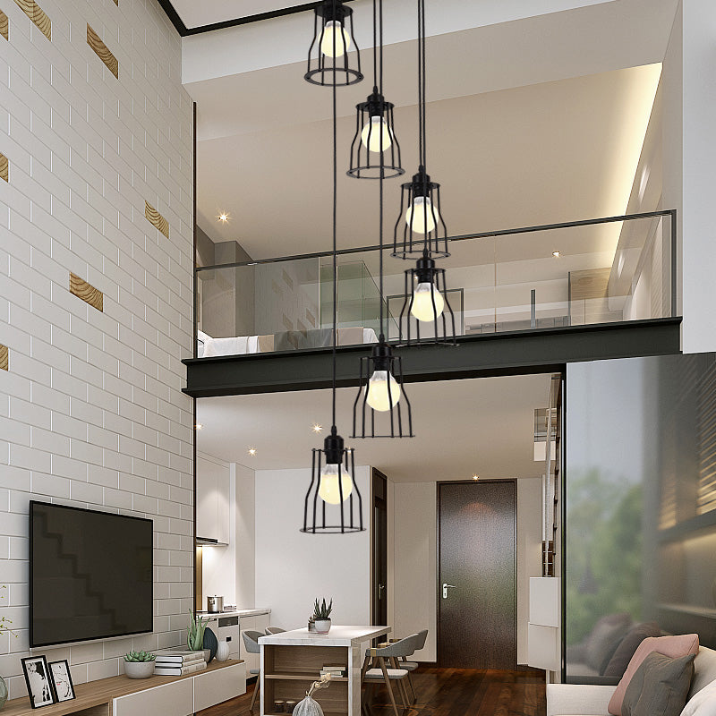 Industrial 6-Head Stair Suspended Pendant Lamp - Iron Wire Cage Multi Ceiling Light in Black